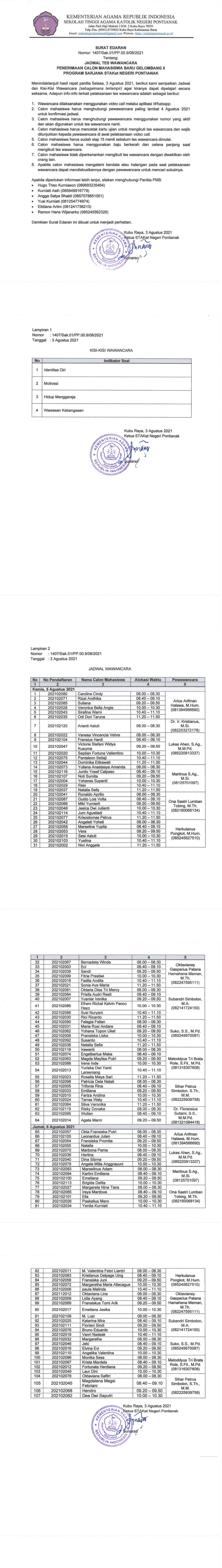 Jadwal Test Wawancara Penerimaan Calon Mahasiswa Baru Gelombang II Program Sarjana STAKat Negeri Pontianak